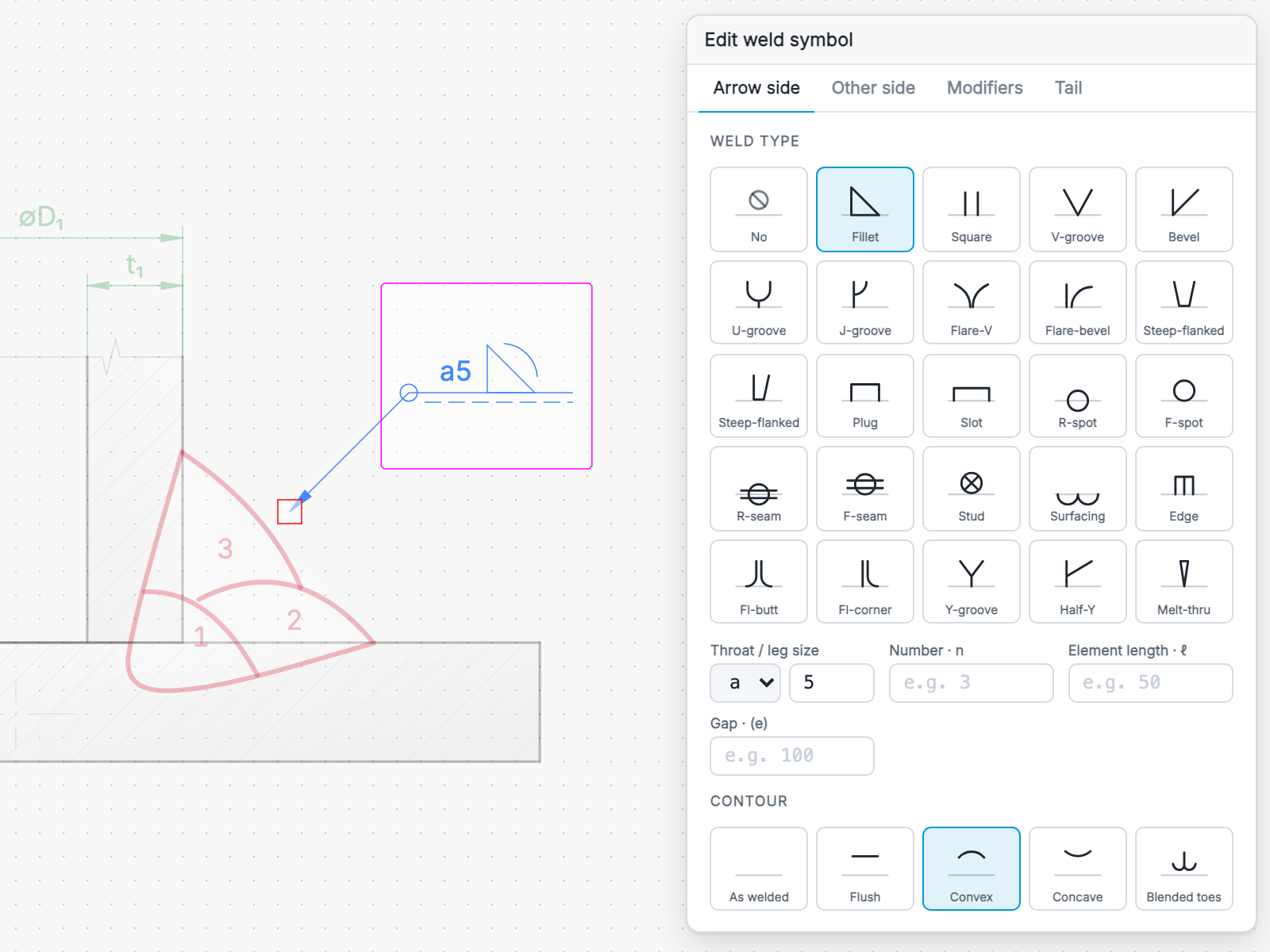 Weld symbol dialog open on a fillet weld symbol in Weldia Designer 2